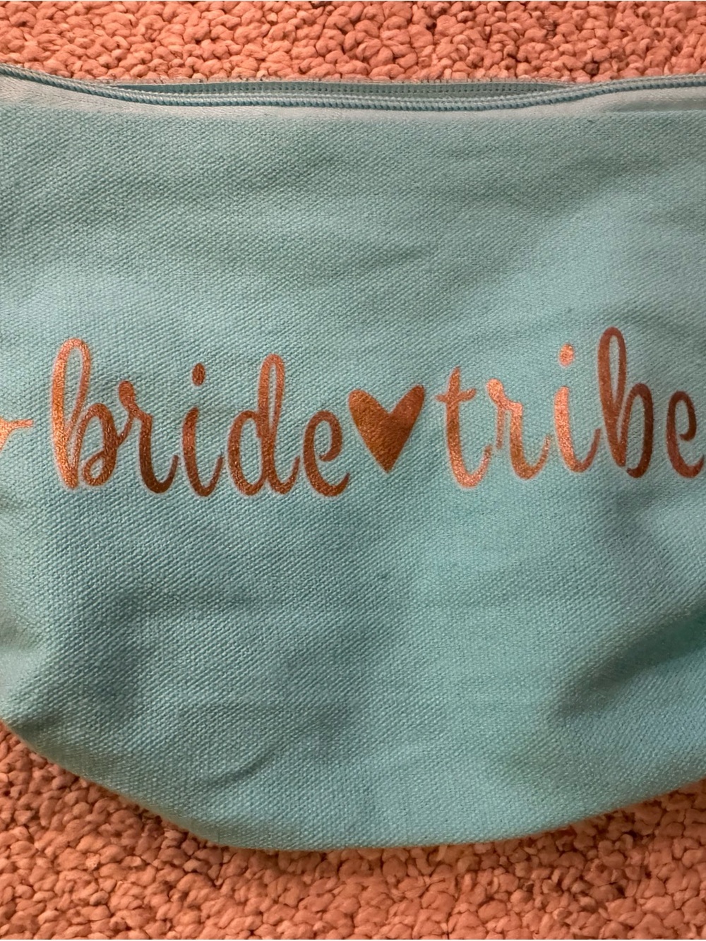 NWOT Bride Tribe Makeup Bag in Blue with Rose Gold Script